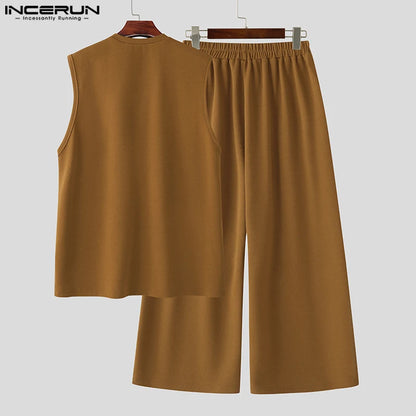 2025 Men Sets Solid Oversize O-neck Sleeveless Tank Tops & Pants Two Pieces Sets Streetwear Fashion Men's Suits Summer