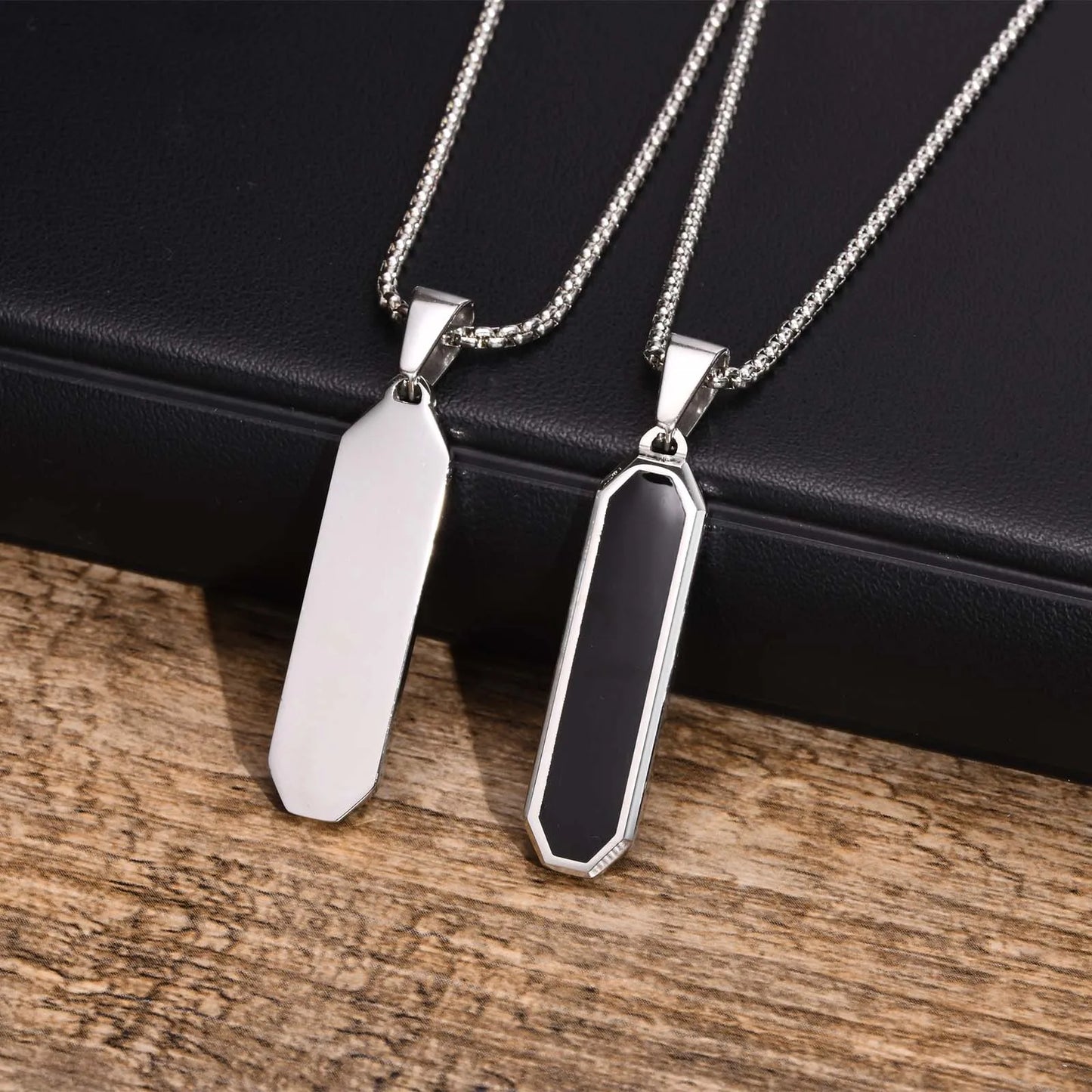 Stylish Geometric Necklaces for Men Boys,Waterproof Black Stainless Steel Square Rectangle Bar Pendant Collar Gifts for Him