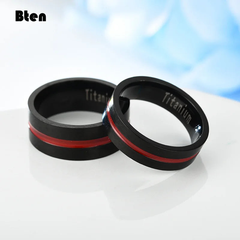 Bten Men's fashion 6/8MM Black Brushed Ladder Edge Stainless Steel Ring Red Groove Men Wedding Ring Gifts For Men
