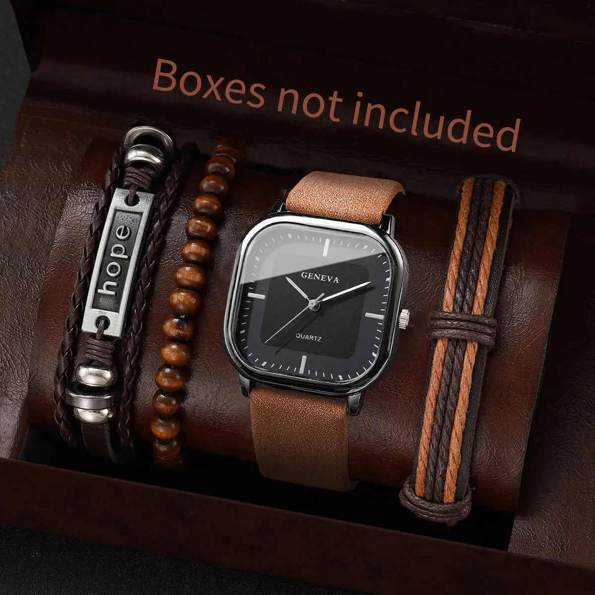 4/5PCS Fashion Square Men Watch Casual Leather Strap Quartz Watch Men Business Watches Bracelets Set Reloj Hombre（Without Box）