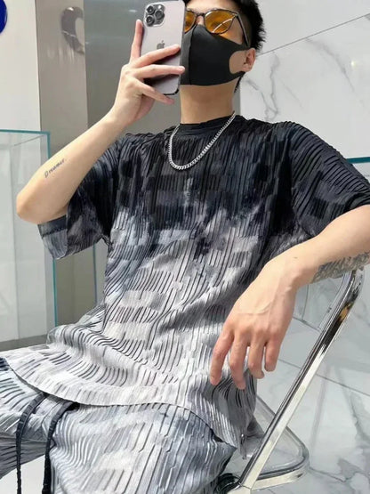 Print Workout Set T-shirts Pants Suits For Men Graphic Nylon Man Trousers Sets Slacks Two Piece Korean Style 2024 Trend S Cool