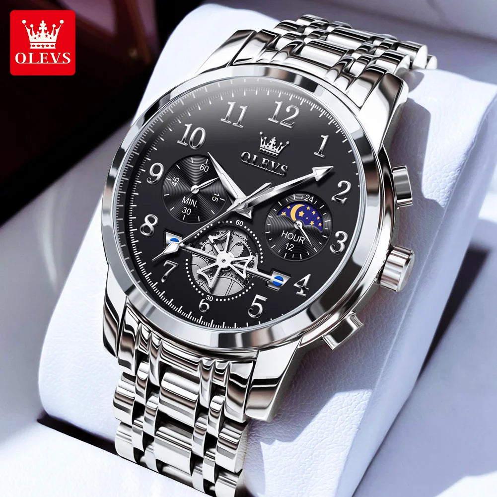 OLEVS brand2900 Men's Watches Stainless Steel Calendar Moon phase Watch Chronograph Big Dial Men's Wristwatches Original