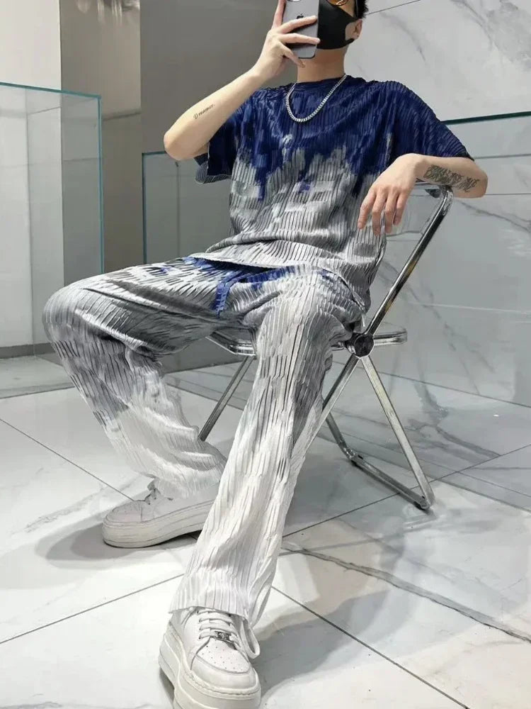 Print Workout Set T-shirts Pants Suits For Men Graphic Nylon Man Trousers Sets Slacks Two Piece Korean Style 2024 Trend S Cool