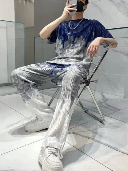 Print Workout Set T-shirts Pants Suits For Men Graphic Nylon Man Trousers Sets Slacks Two Piece Korean Style 2024 Trend S Cool