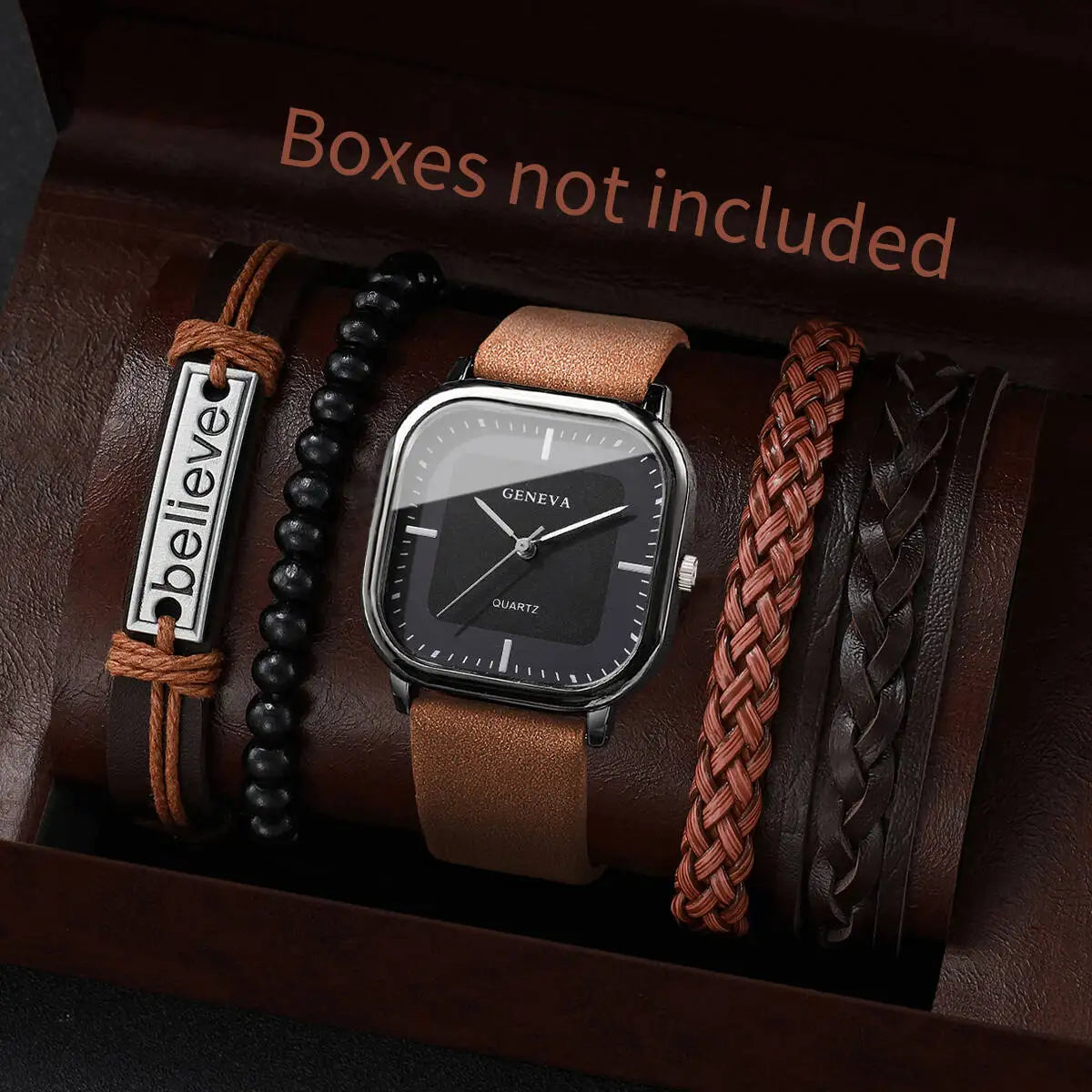 4/5PCS Fashion Square Men Watch Casual Leather Strap Quartz Watch Men Business Watches Bracelets Set Reloj Hombre（Without Box）