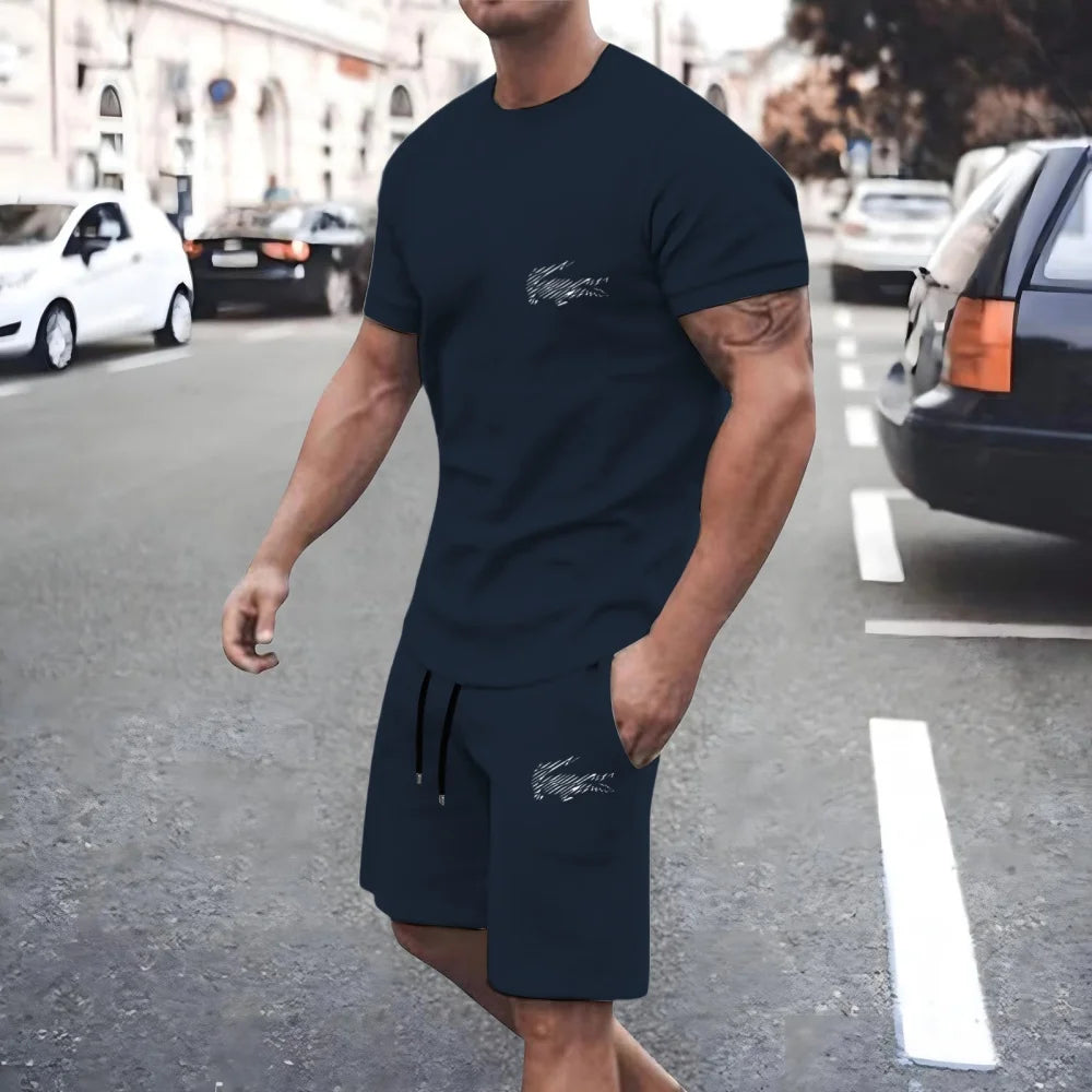 New summer men's two-piece fashion casual clothing round neck short-sleeved T-shirt and drawstring shorts sports T-shirt set