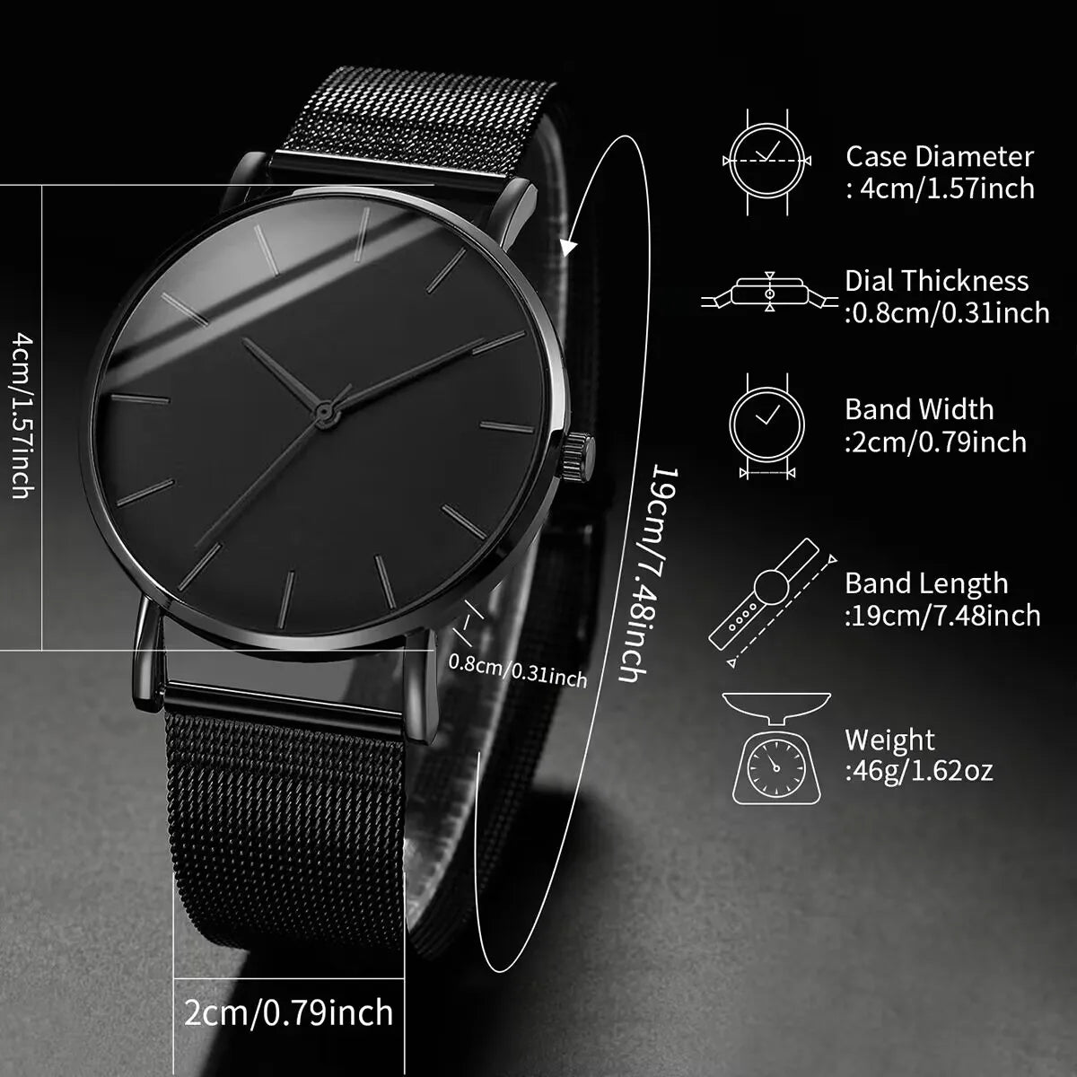 2PCS/Set Fashion Men's Black Mesh Band Quartz Watch With Beads Bracelet（Box not Included）