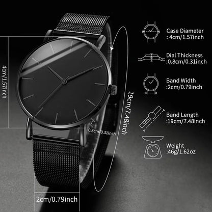 2PCS/Set Fashion Men's Black Mesh Band Quartz Watch With Beads Bracelet（Box not Included）