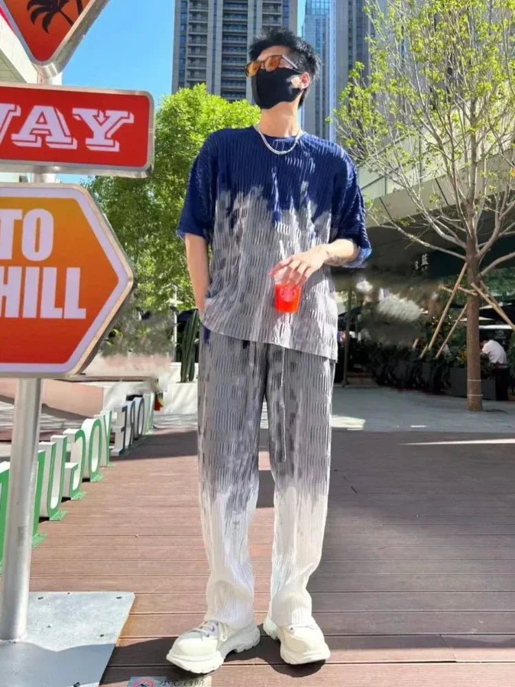 Print Workout Set T-shirts Pants Suits For Men Graphic Nylon Man Trousers Sets Slacks Two Piece Korean Style 2024 Trend S Cool