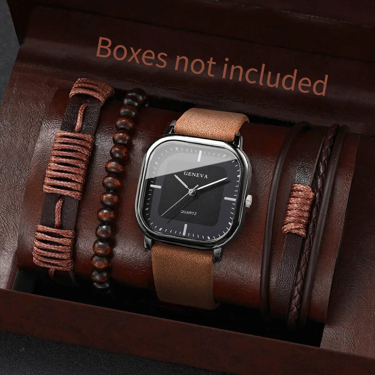 4/5PCS Fashion Square Men Watch Casual Leather Strap Quartz Watch Men Business Watches Bracelets Set Reloj Hombre（Without Box）
