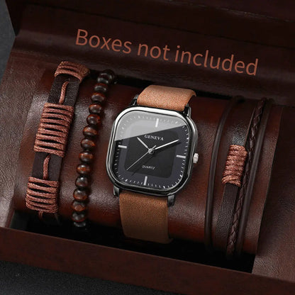 4/5PCS Fashion Square Men Watch Casual Leather Strap Quartz Watch Men Business Watches Bracelets Set Reloj Hombre（Without Box）