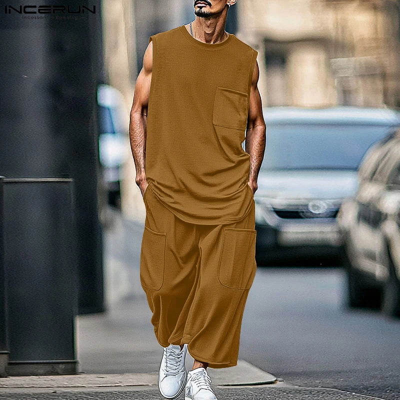 2025 Men Sets Solid Oversize O-neck Sleeveless Tank Tops & Pants Two Pieces Sets Streetwear Fashion Men's Suits Summer