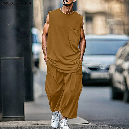 2025 Men Sets Solid Oversize O-neck Sleeveless Tank Tops & Pants Two Pieces Sets Streetwear Fashion Men's Suits Summer