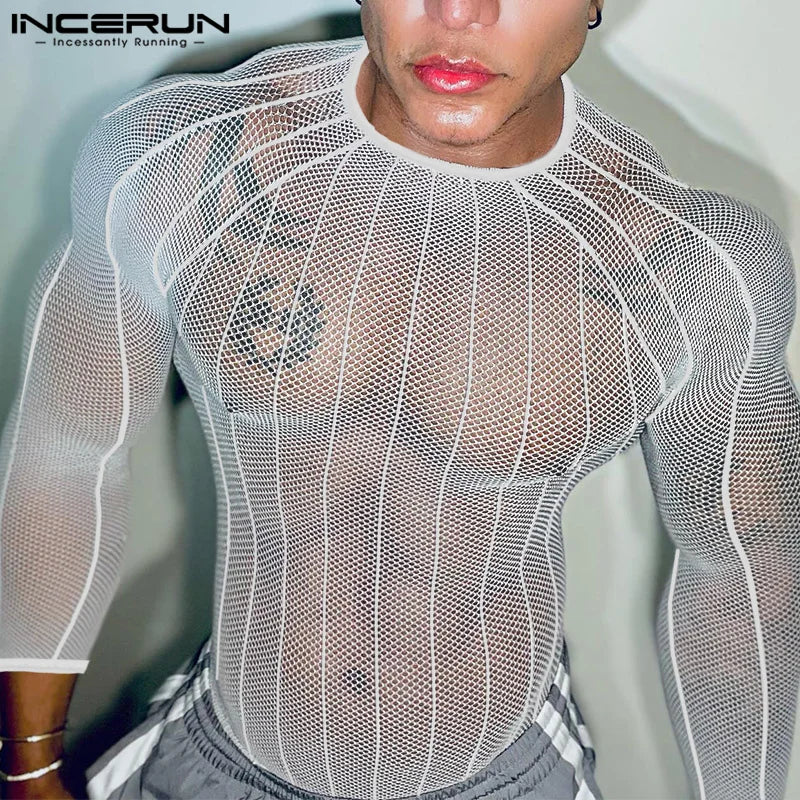 Party Nightclub Style Top: Men's See-through Thin Design T-shirts Sexy Leisure Male Hot Sale Long Sleeved Camiseta S-3XL