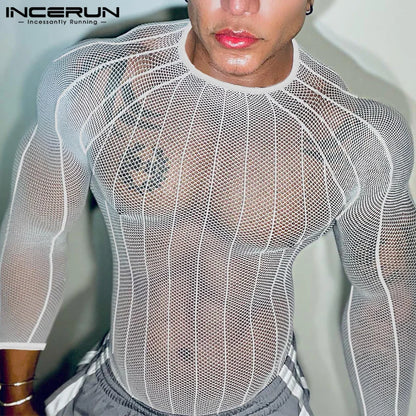 Party Nightclub Style Top: Men's See-through Thin Design T-shirts Sexy Leisure Male Hot Sale Long Sleeved Camiseta S-3XL