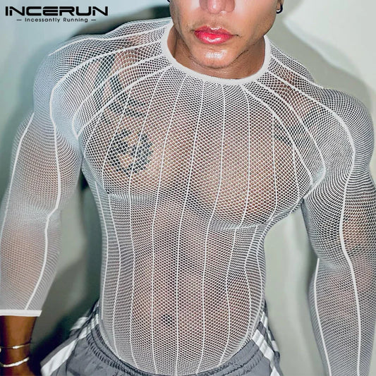 Party Nightclub Style Top: Men's See-through Thin Design T-shirts Sexy Leisure Male Hot Sale Long Sleeved Camiseta S-3XL