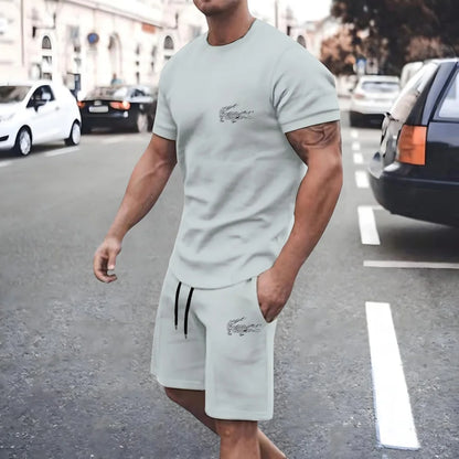 New summer men's two-piece fashion casual clothing round neck short-sleeved T-shirt and drawstring shorts sports T-shirt set