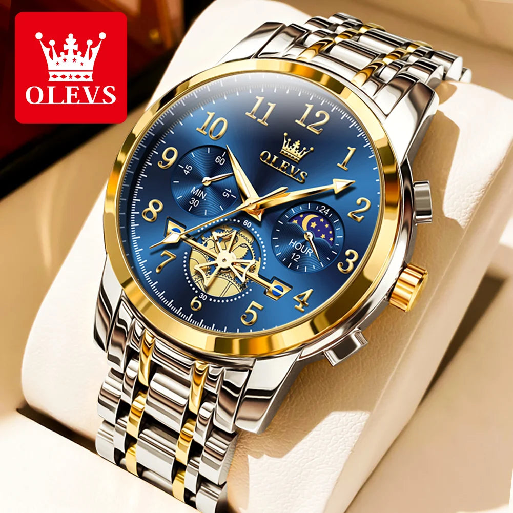 OLEVS brand2900 Men's Watches Stainless Steel Calendar Moon phase Watch Chronograph Big Dial Men's Wristwatches Original