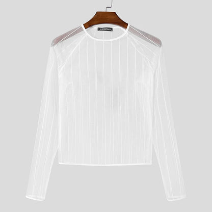 Party Nightclub Style Top: Men's See-through Thin Design T-shirts Sexy Leisure Male Hot Sale Long Sleeved Camiseta S-3XL