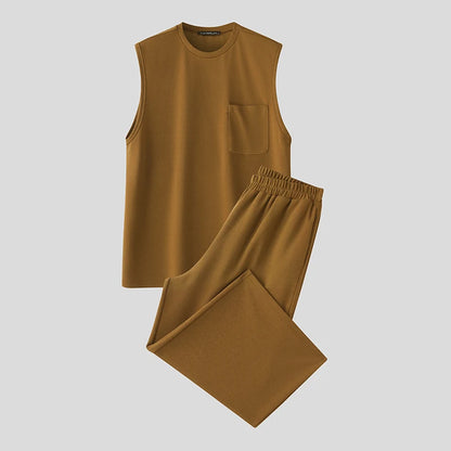 2025 Men Sets Solid Oversize O-neck Sleeveless Tank Tops & Pants Two Pieces Sets Streetwear Fashion Men's Suits Summer