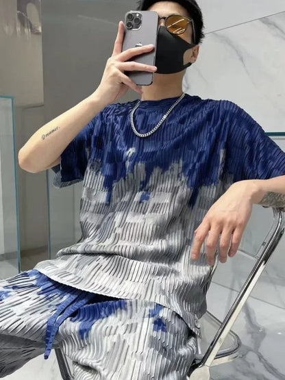 Print Workout Set T-shirts Pants Suits For Men Graphic Nylon Man Trousers Sets Slacks Two Piece Korean Style 2024 Trend S Cool