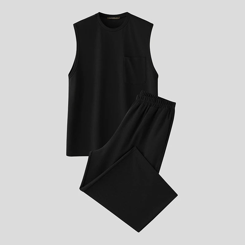 2025 Men Sets Solid Oversize O-neck Sleeveless Tank Tops & Pants Two Pieces Sets Streetwear Fashion Men's Suits Summer