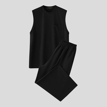 2025 Men Sets Solid Oversize O-neck Sleeveless Tank Tops & Pants Two Pieces Sets Streetwear Fashion Men's Suits Summer