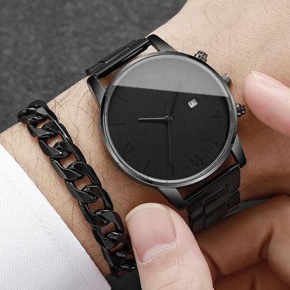 4PCS/Set Fashion Men Business Watches Simple Roma Dial Calendar Quartz Watch for Men Clock Jewelry Set Reloj Hombre（Without Box）