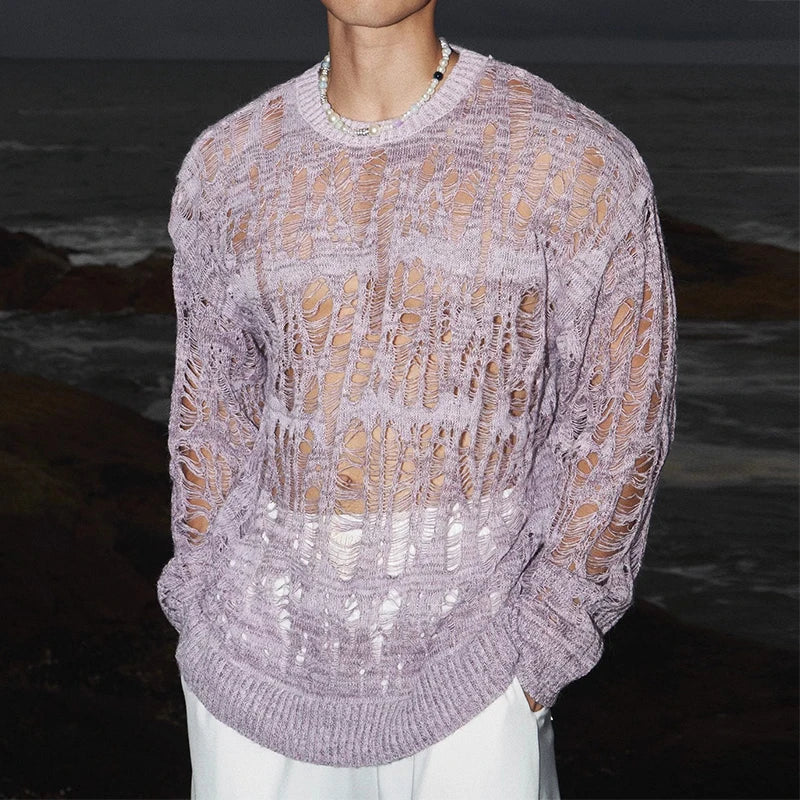 Sexy Hollow Out Mesh Knit T Shirts Men See Through Ripped Crew Neck Pullover Tops For Mens 2025 Spring Fashion Knitting T-shirt