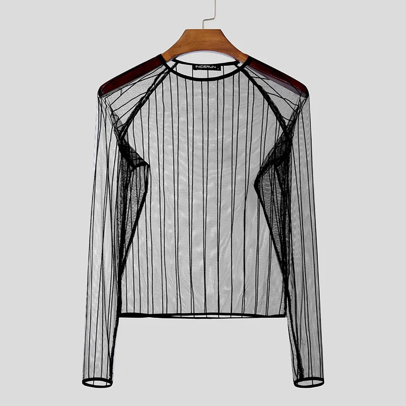 Party Nightclub Style Top: Men's See-through Thin Design T-shirts Sexy Leisure Male Hot Sale Long Sleeved Camiseta S-3XL