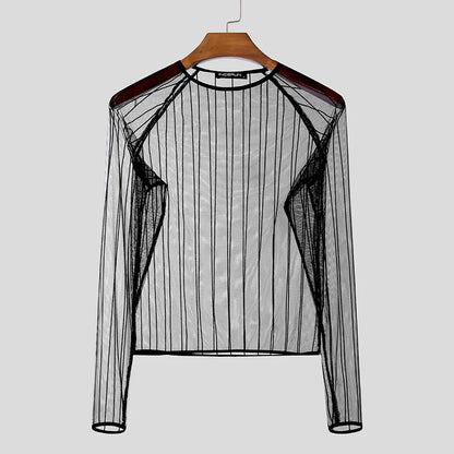 Party Nightclub Style Top: Men's See-through Thin Design T-shirts Sexy Leisure Male Hot Sale Long Sleeved Camiseta S-3XL