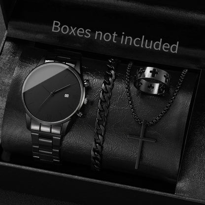 4PCS/Set Fashion Men Business Watches Simple Roma Dial Calendar Quartz Watch for Men Clock Jewelry Set Reloj Hombre（Without Box）