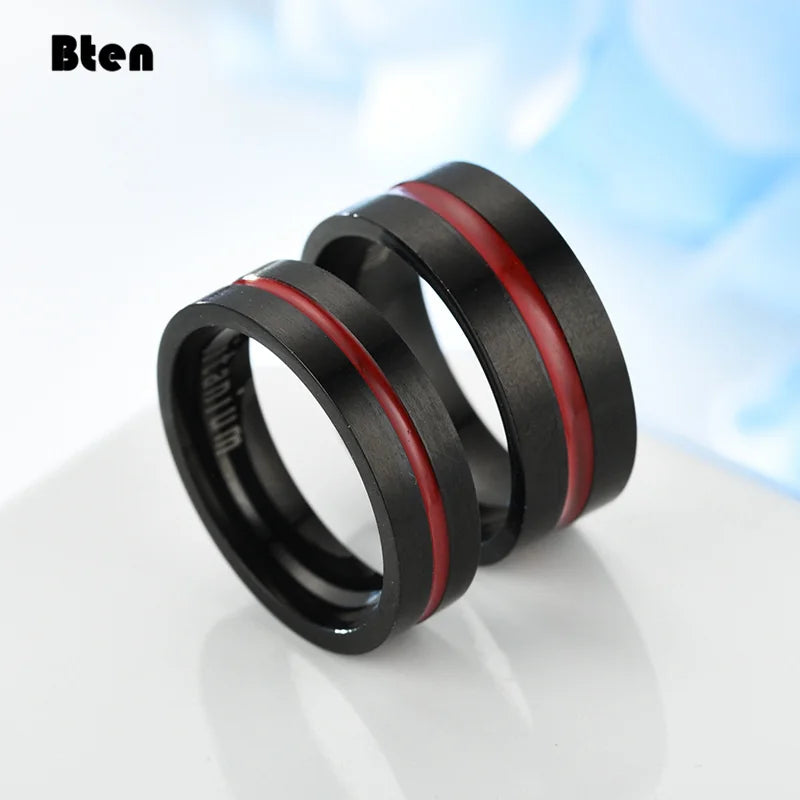 Bten Men's fashion 6/8MM Black Brushed Ladder Edge Stainless Steel Ring Red Groove Men Wedding Ring Gifts For Men