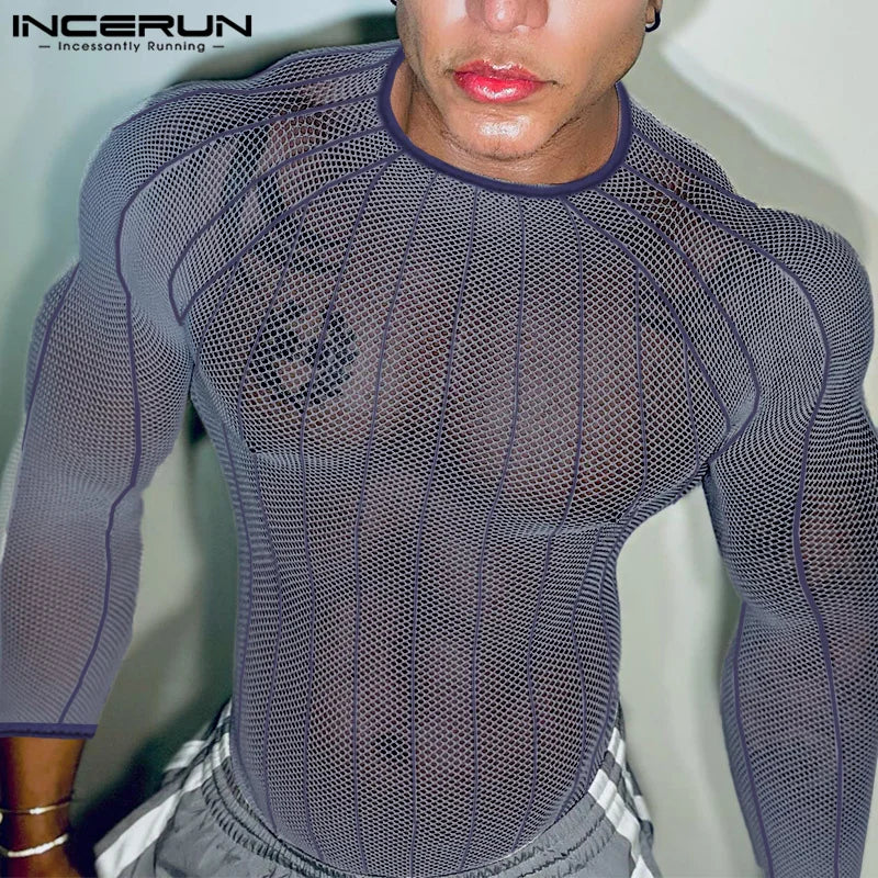 Party Nightclub Style Top: Men's See-through Thin Design T-shirts Sexy Leisure Male Hot Sale Long Sleeved Camiseta S-3XL