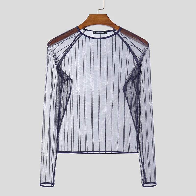 Party Nightclub Style Top: Men's See-through Thin Design T-shirts Sexy Leisure Male Hot Sale Long Sleeved Camiseta S-3XL