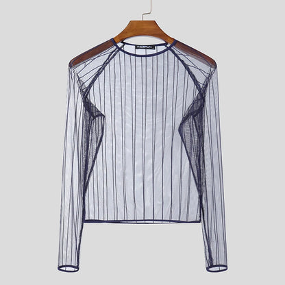 Party Nightclub Style Top: Men's See-through Thin Design T-shirts Sexy Leisure Male Hot Sale Long Sleeved Camiseta S-3XL
