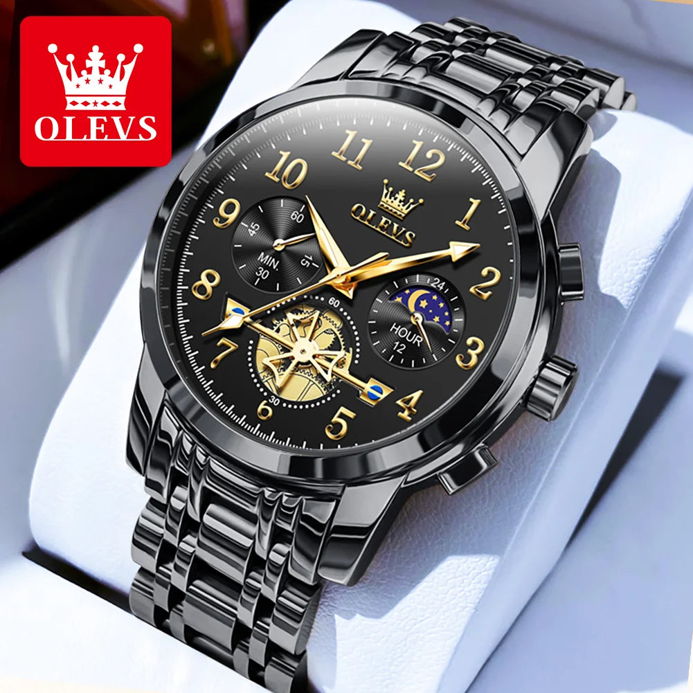 OLEVS brand2900 Men's Watches Stainless Steel Calendar Moon phase Watch Chronograph Big Dial Men's Wristwatches Original