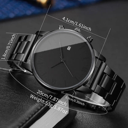 4PCS/Set Fashion Men Business Watches Simple Roma Dial Calendar Quartz Watch for Men Clock Jewelry Set Reloj Hombre（Without Box）