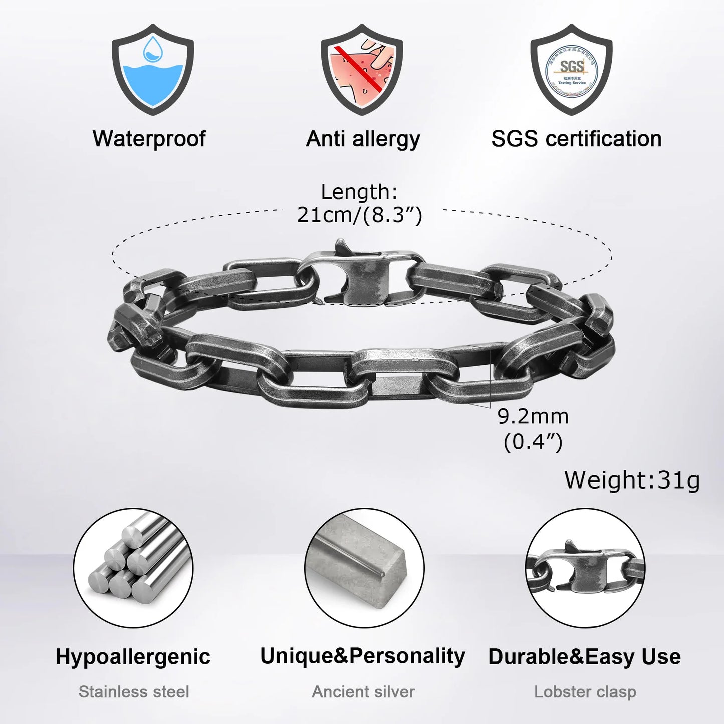 Vnox Punk Heavy Rectangular Link Chain Bracelets for Men Teens Boys, Vintage Oxidized Paperclip Chain Wristband, Chunky Jewelry