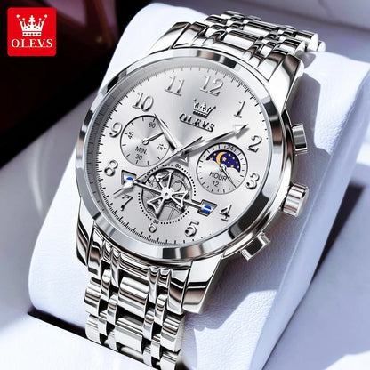 OLEVS brand2900 Men's Watches Stainless Steel Calendar Moon phase Watch Chronograph Big Dial Men's Wristwatches Original