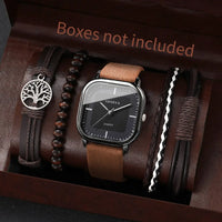 4/5PCS Fashion Square Men Watch Casual Leather Strap Quartz Watch Men Business Watches Bracelets Set Reloj Hombre（Without Box）