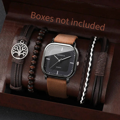 4/5PCS Fashion Square Men Watch Casual Leather Strap Quartz Watch Men Business Watches Bracelets Set Reloj Hombre（Without Box）
