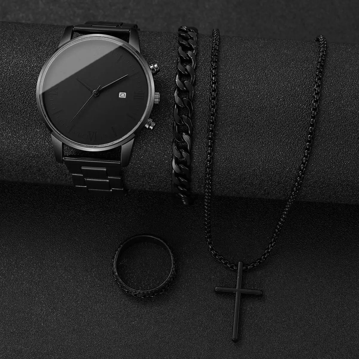 4PCS/Set Fashion Men Business Watches Simple Roma Dial Calendar Quartz Watch for Men Clock Jewelry Set Reloj Hombre（Without Box）